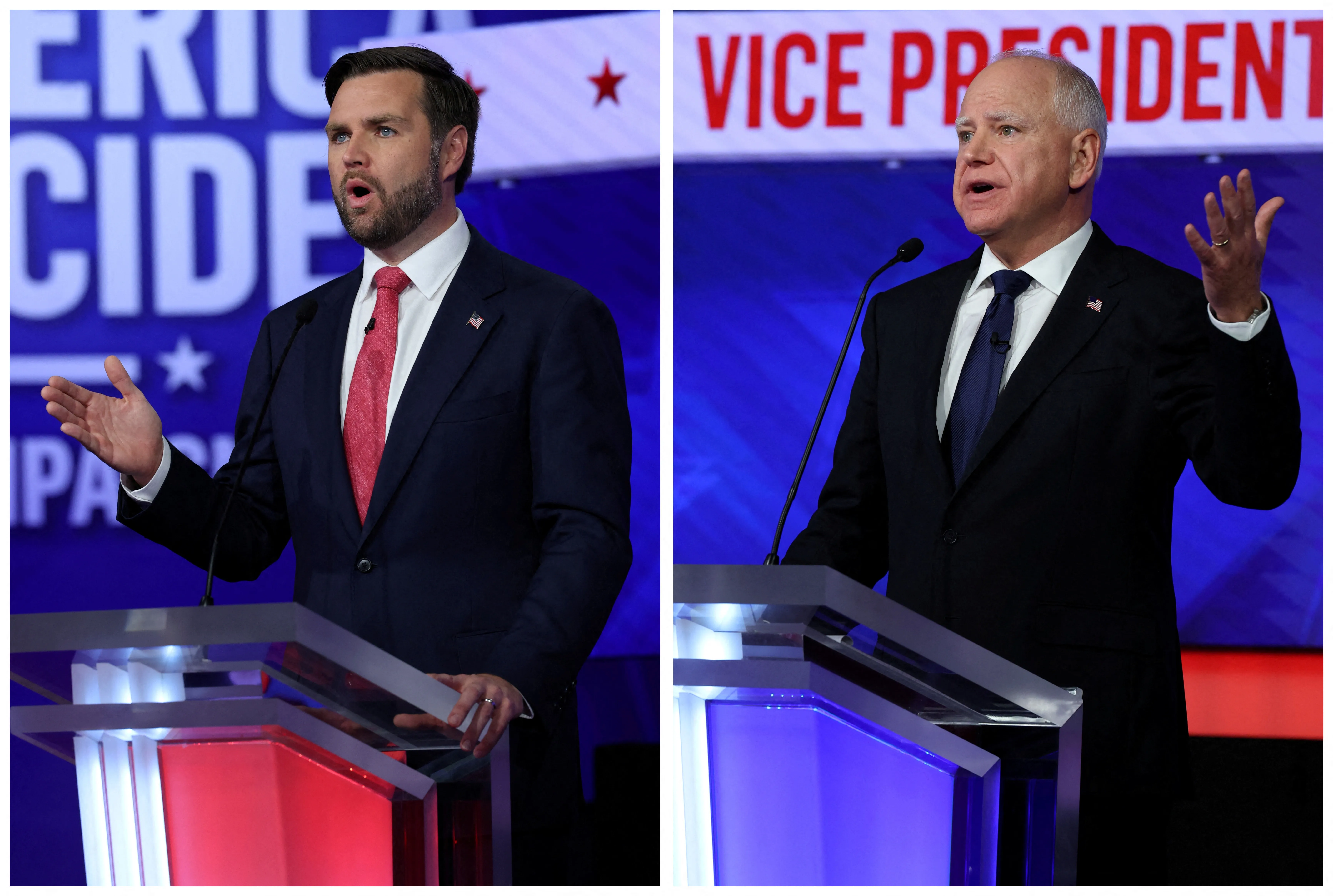 Images of Republican JD Vance and Democrat Tim Walz on screen during the vice-presidential debate aired moderated by CBS News on October 1 in New York.